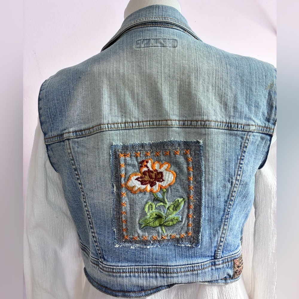 Women’s Distressed Cropped Denim Vest, L, Blue, Upcycled/Sustainable Fashion